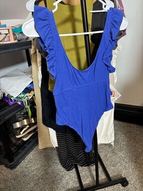 Ruffle-Trim Scoop Bodysuit in Periwinkle